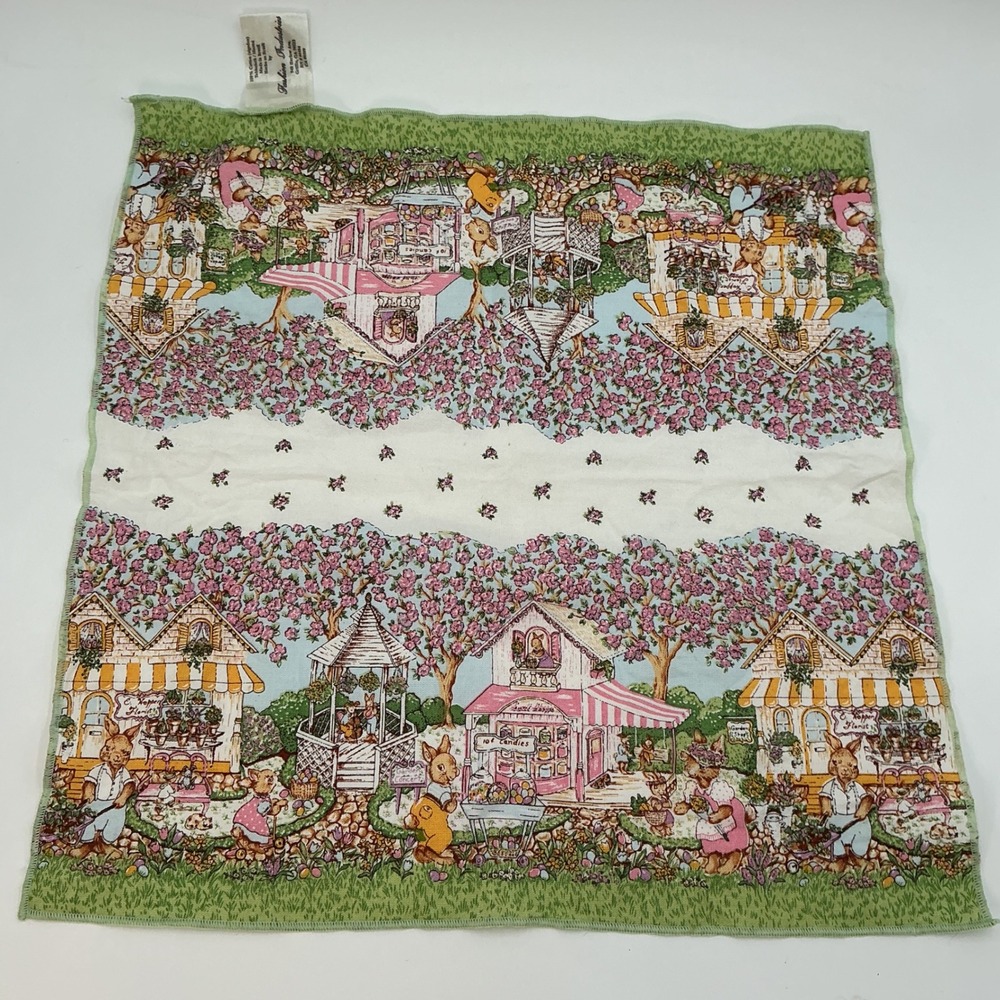 Fashion Industries Vintage Easter Bunny Village Cotton Square Tablecloth Napkin